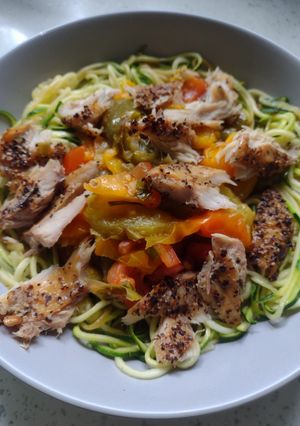 A picture of Courgetti with roasted red pepper and smoked mackerel.