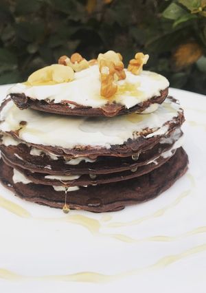 Una foto de Torre de panqueques de chocolate 🔥🤯