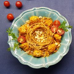 Baked Meatball Spaghetti A picture of Baked Meatball Spaghetti.