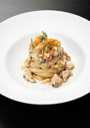 A picture of Gragnano Linguine with Vanilla Asparagus, Seafoam, and Lemon Toasted Breadcrumbs.