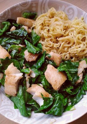 A picture of Vickys Stir-Fried Fish with Spring Greens, GF DF EF SF NF.
