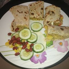 A picture of My homemade shawama stuffed with shredded chicken.