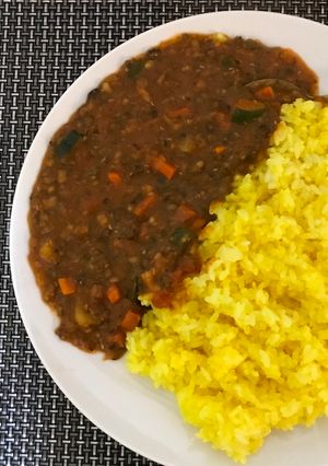 A picture of Tumeric Rice and Delicious green grams.