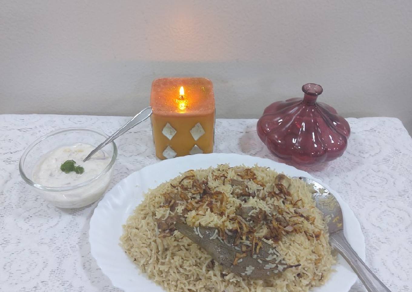 Mutton pulao with boondi raita