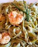 Tagliatelli de espinaca con salsa de langostinos. 🍤🍤🍜