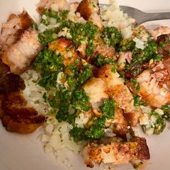 Pork Belly With Cauliflower Rice & Coriander Chutney A picture of Pork Belly With Cauliflower Rice & Coriander Chutney.