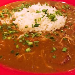 A picture of Chicken and sausage gumbo.