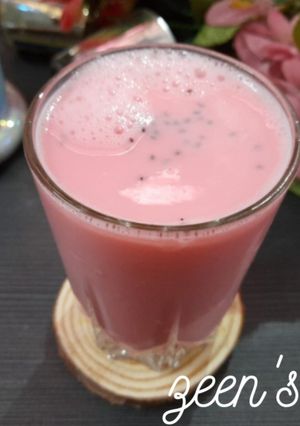 A picture of Pink Lassi with Basil Seeds.