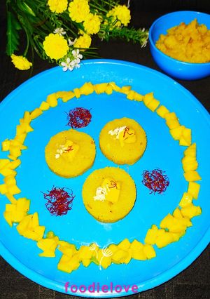 A picture of Mango Almond saffron Sheera.