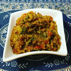 A picture of Roasted Eggplant Mash or Baingan Bharta.
