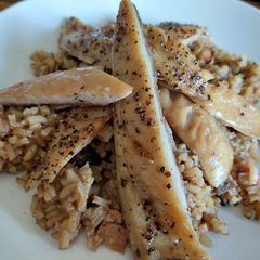 A picture of Sig's Mushroom Risotto With Smoked Peppered Mackerel.