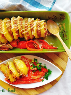 Фото Картофель с фаршем и овощами.