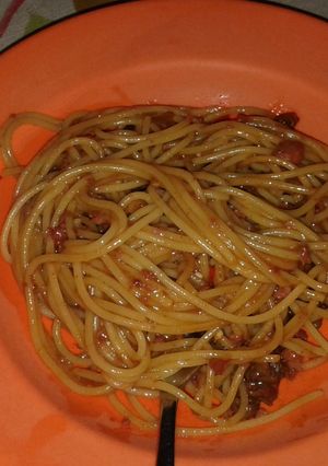 Foto resep Spaghetti kulit ayam pedas manis