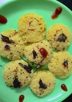 A picture of Kesar idli juicy dhokla.