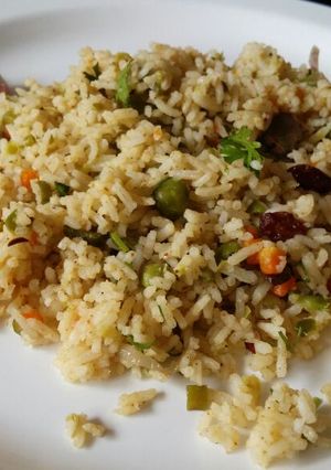 A picture of Veg Pulao with Veg Raita.