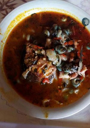 A picture of Catfish bitter leaf soup.
