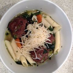 Italian Wedding Soup with Penne Pasta A picture of Italian Wedding Soup with Penne Pasta.