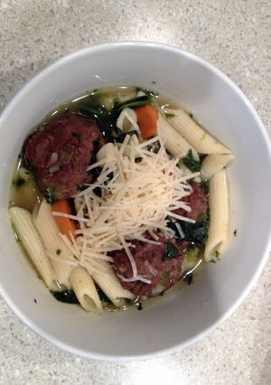 A picture of Italian Wedding Soup with Penne Pasta.
