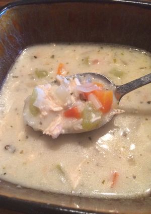 A picture of Creamy chicken wild rice soup.