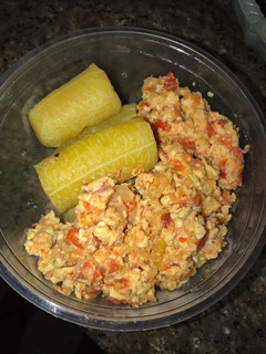 A picture of Boiled Plantain and Scrambled egg.