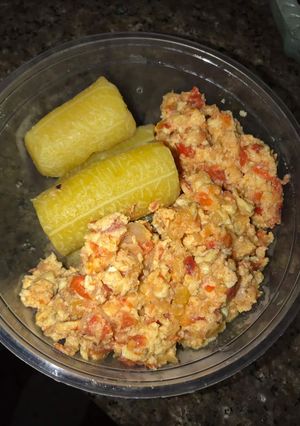 A picture of Boiled Plantain and Scrambled egg.
