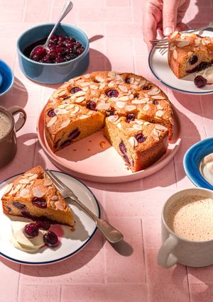 A picture of Almond, olive and Picota cherry cake.