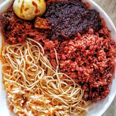 A picture of Waakye or Waashe with shito(check for my shito recipe).