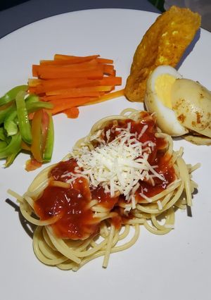 Foto resep Spaghetti Saus Arrabiata dengan Telur Balado dan Tahu Goreng