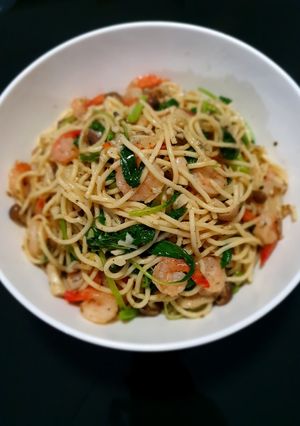 Foto resep Spaghetti Prawn Spinach Aglio Olio