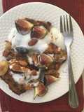 French toast hot cross buns with plain yoghurt, Caramelized bananas and figs