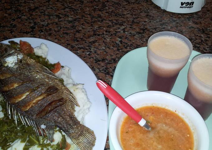 Ugali, Kales, Fried Fish, and Carrot chatni