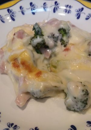 A picture of Baked Broccoli with Bechamel, Egg, and Turkey Ham.