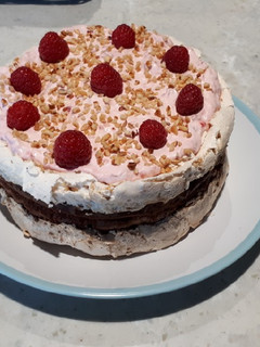 A picture of Raspberry and Chocolate Brownie Meringue Cake.