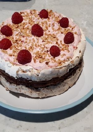 A picture of Raspberry and Chocolate Brownie Meringue Cake.