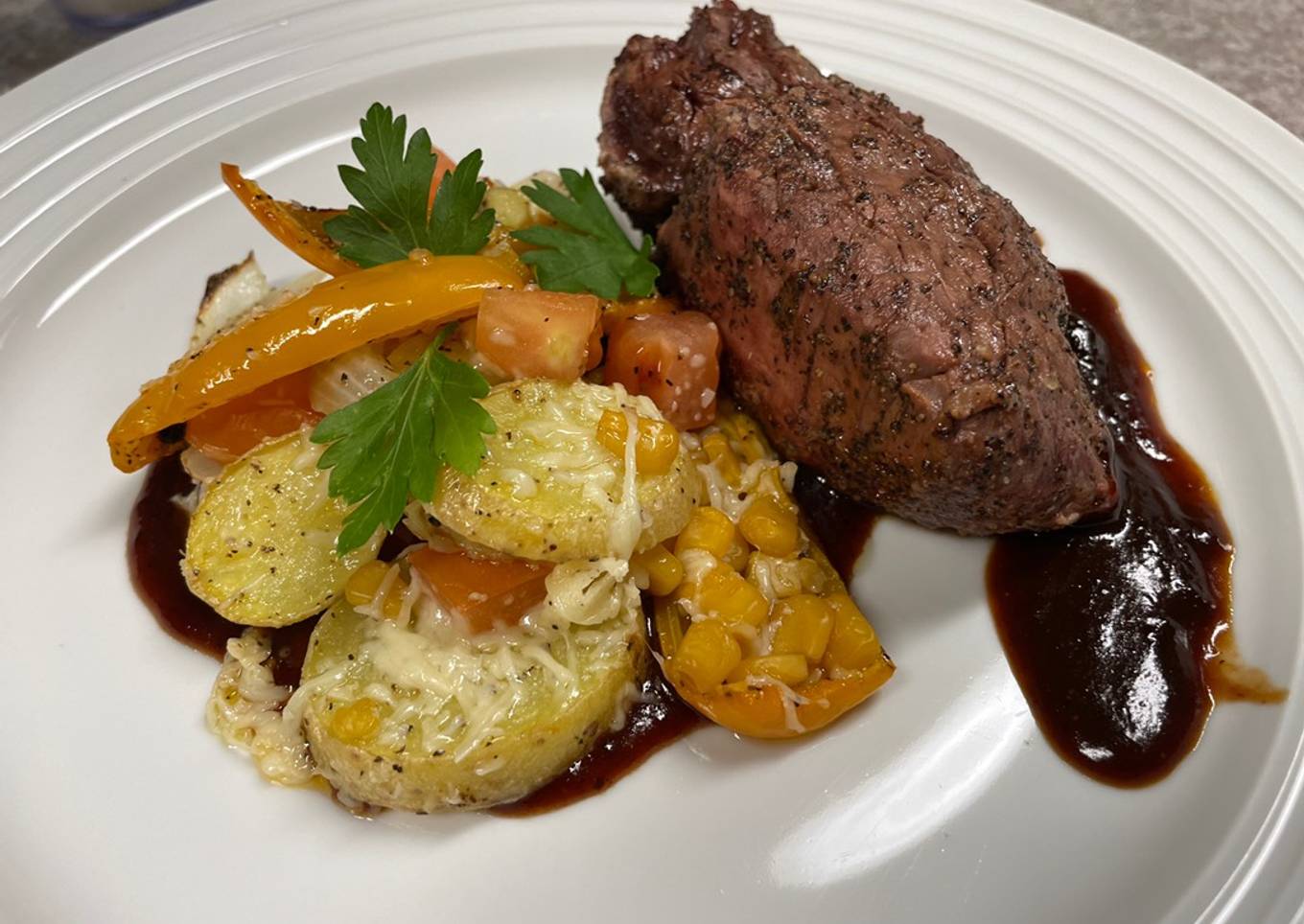 Grilled Steak Medallions and Parmesan Potatoes