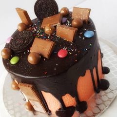 A picture of Vanilla sponge cake in chocolate drips with assorted toppers.