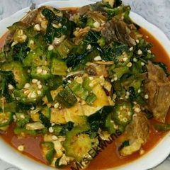 A picture of Okra and Bitter leaf Soup.
