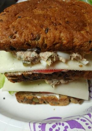 A picture of Triple Stacked Egg and Tuna Sandwiches.