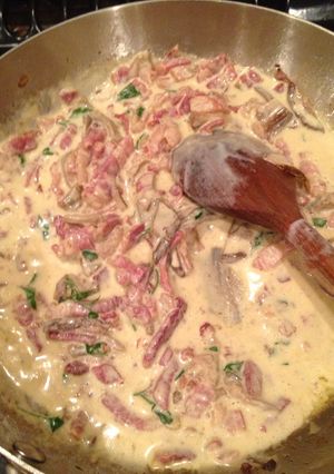 A picture of Porcini and pancetta pasta sauce.
