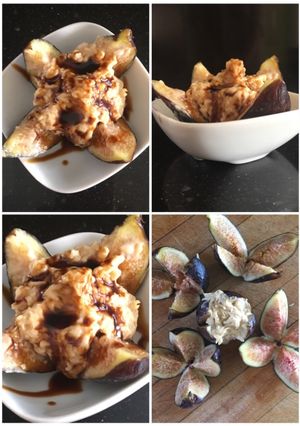 Una foto de Higos con queso 🧀 de cabra 🐐, pistachos y balsámico de Módena 😋