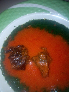 A picture of Ewedu and oil'ess beef stew.