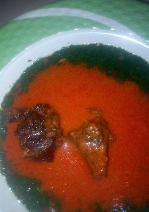 A picture of Ewedu and oil'ess beef stew.