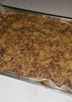 A picture of German Chocolate Sheet Cake with Coconut-Pecan Frosting.