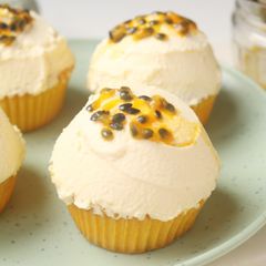 A picture of Lemon Cupcakes with Passion Fruit Mascarpone Icing.