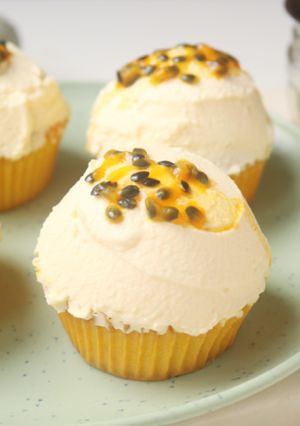 A picture of Lemon Cupcakes with Passion Fruit Mascarpone Icing.