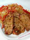 Filetes de lomo de cerdo a la plancha con guarnición de sofrito