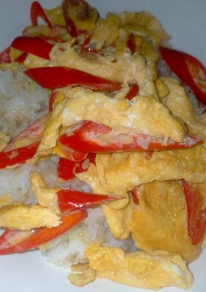 A picture of Omelet with Red Sweet Pepper over Rice.