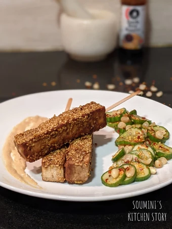 Easy Steps to Make Recipe Tofu Satay with creamy peanut sauce and tangy cucumber salad that is Perfect, Tasty}