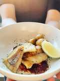 Cod fish beet sauce