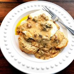 A picture of Wagyu Breakfast Sausage Biscuits and Gravy.